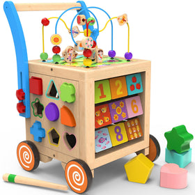 WOODMAM 9-in-1 activity cube overview shows versatile learning for early skills in a wooden center.