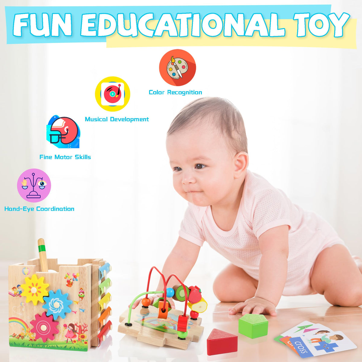 WOODMAM Bravmate Cube shape sorter builds color and shape recognition.
