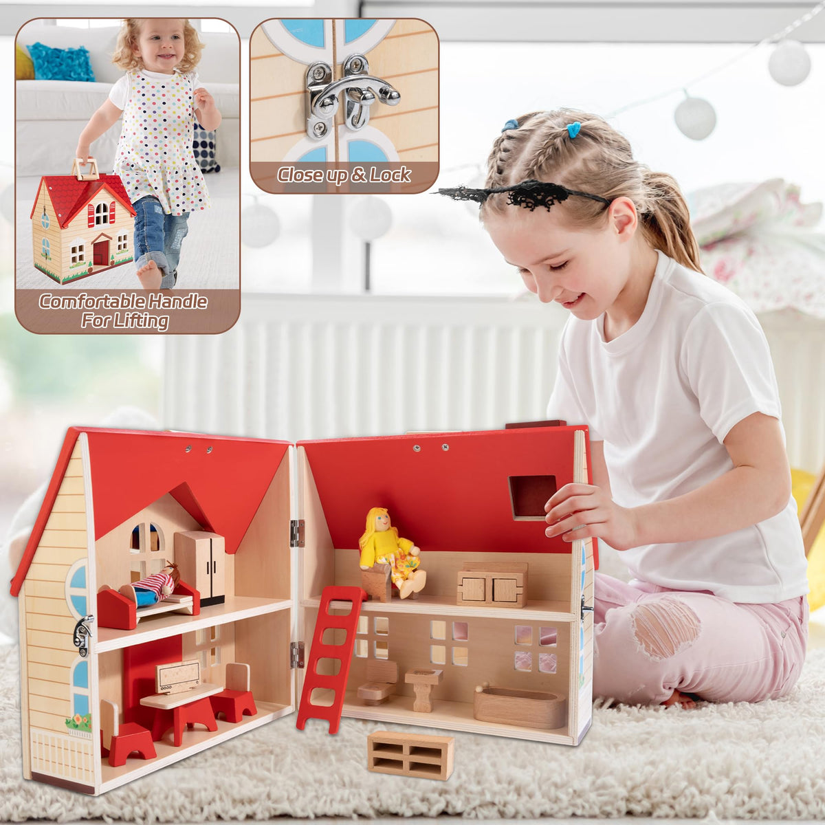 WOODMAM foldable dollhouse open layout for accessible multiroom play
