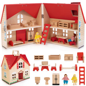 WOODMAM foldable dollhouse opened reveals two-story layout for imaginative play