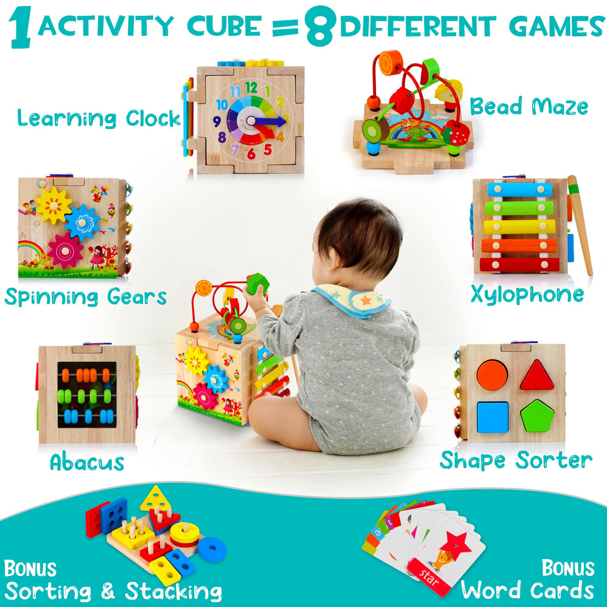 WOODMAM HELLOWOOD baby xylophone on cube promotes rhythm play.