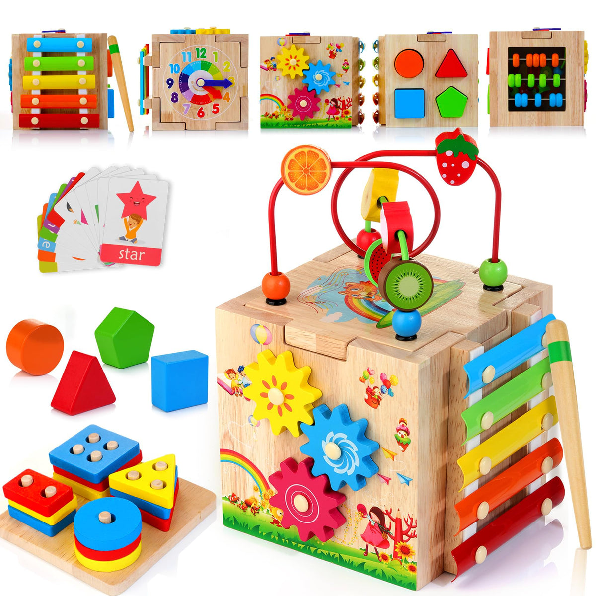WOODMAM HELLOWOOD bead maze on 8-in-1 cube boosts fine motor skills.