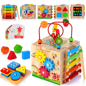 WOODMAM HELLOWOOD bead maze on 8-in-1 cube boosts fine motor skills.