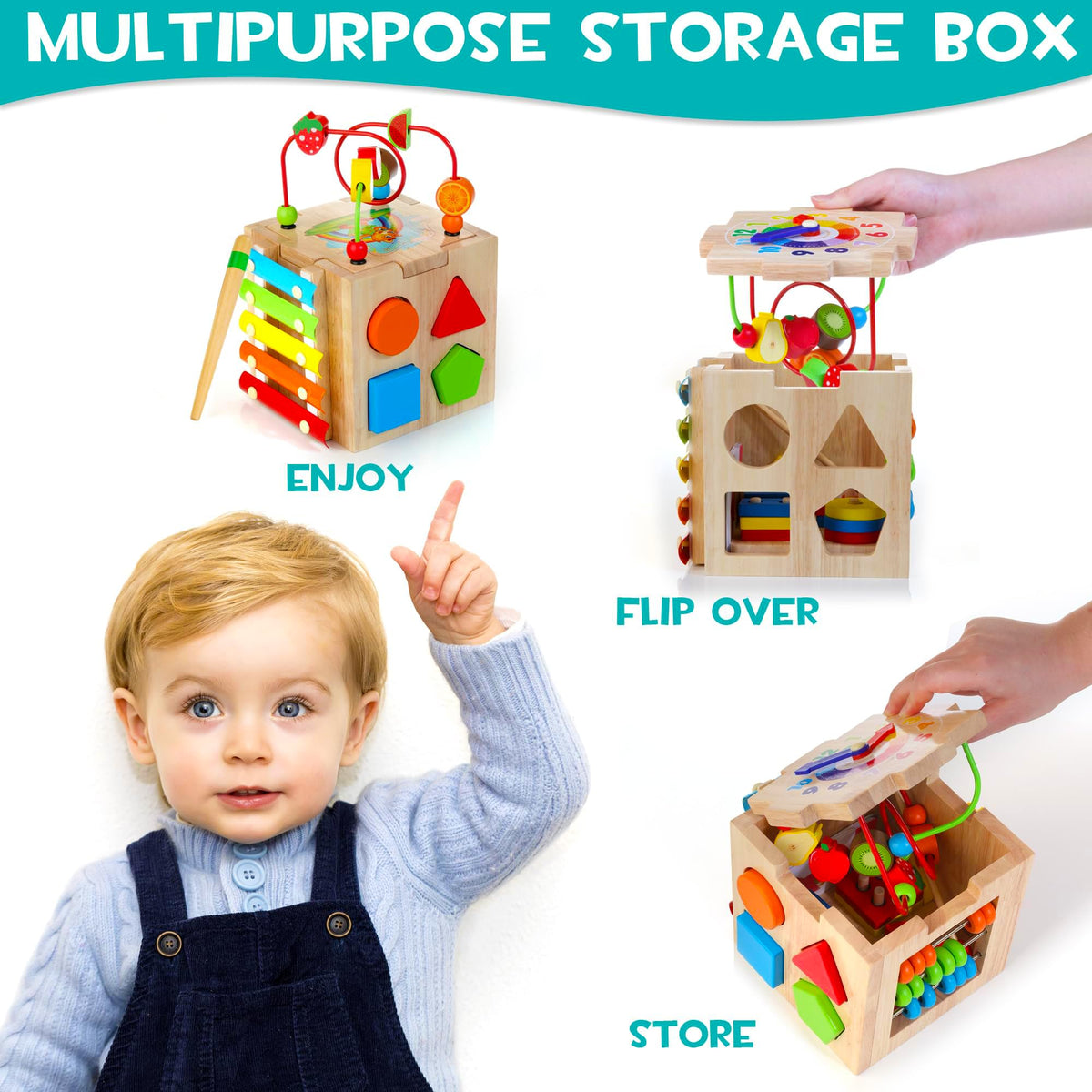 WOODMAM HELLOWOOD learning clock on cube supports early time concepts.