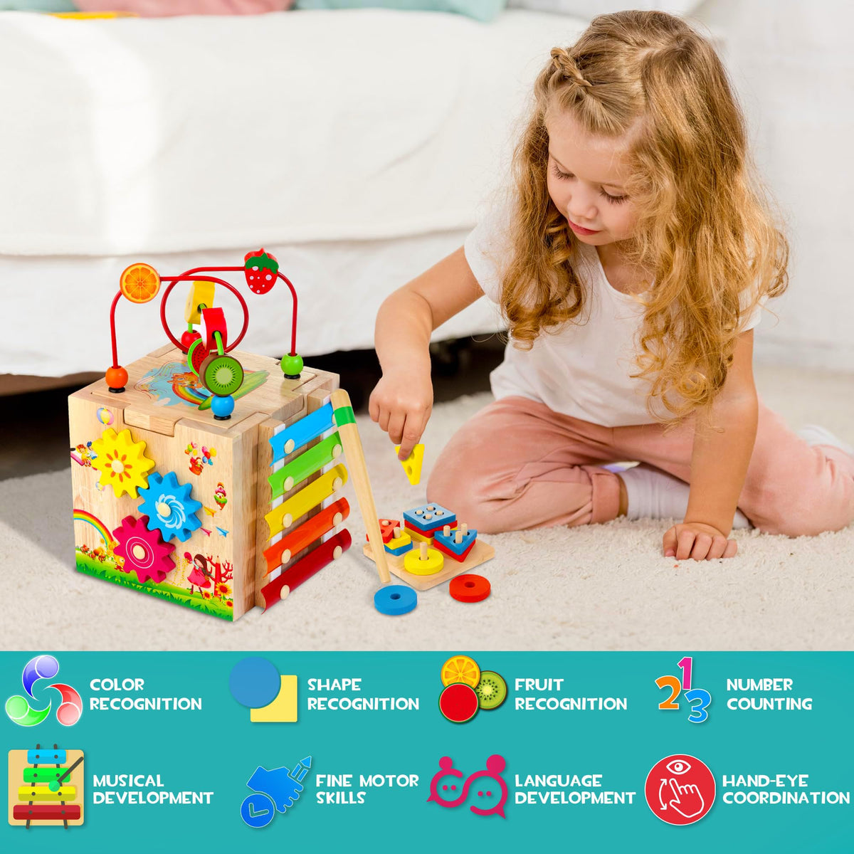 WOODMAM HELLOWOOD spinning gears on cube encourages cause-and-effect play.