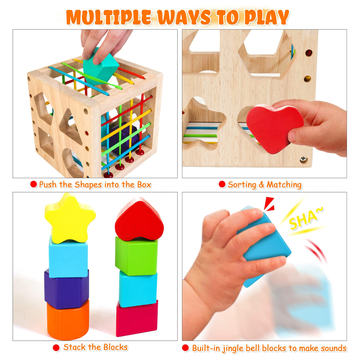 WOODMAM HELLOWOOD soft rubber bands and holes for safe, tactile shape insertion.