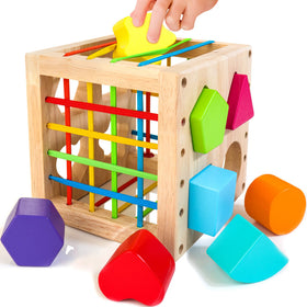 WOODMAM HELLOWOOD shape-sorter cube front view promotes hands-on play and fine motor practice.
