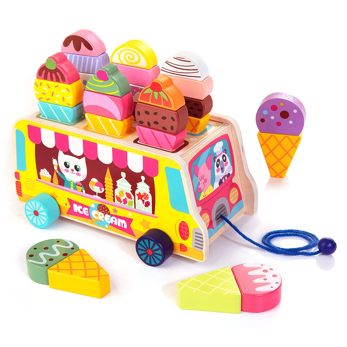 WOODMAM HelloWood wooden ice cream truck with top magnets enhances imaginative play.