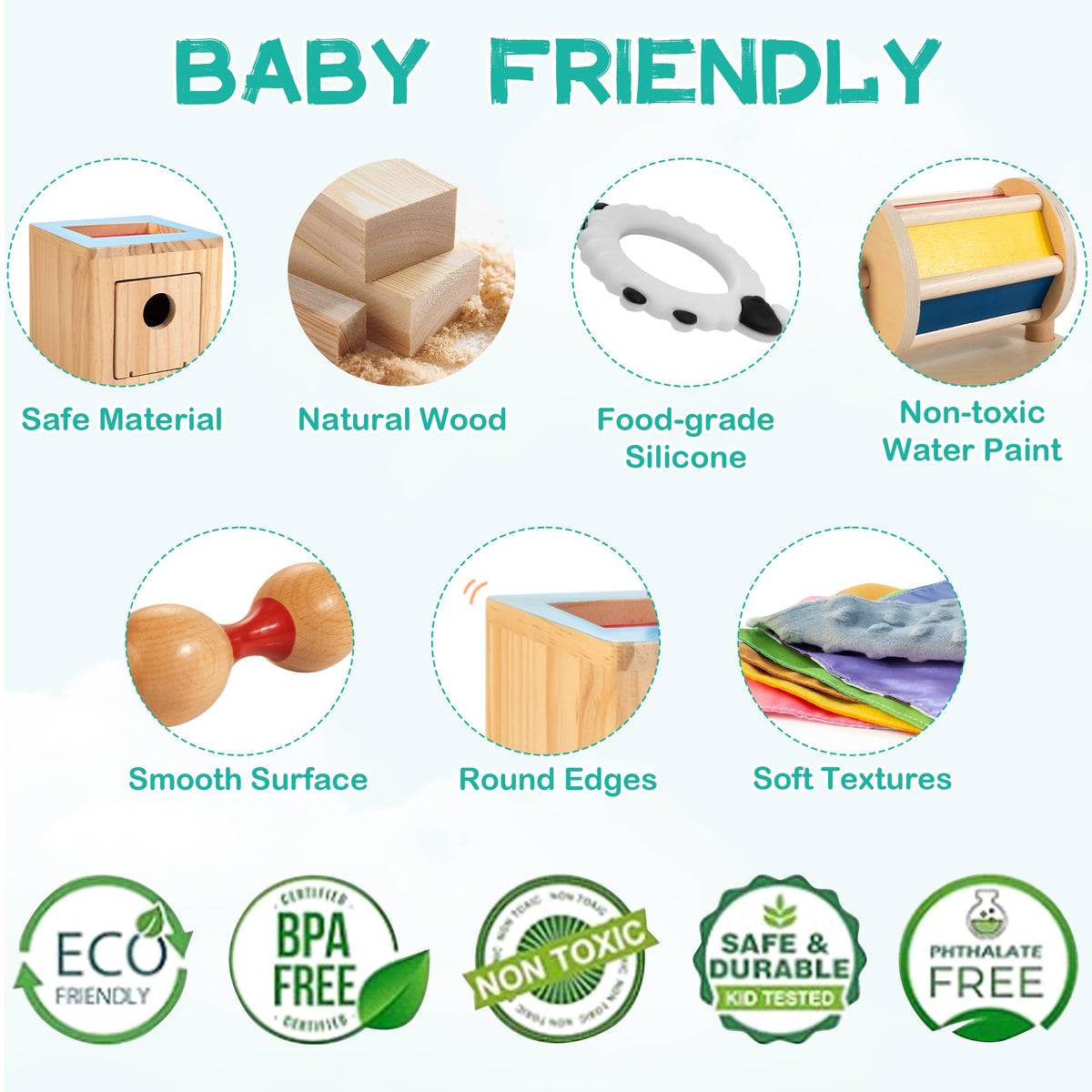 WOODMAM wooden tissue box introduces multi-sensory play and easy storage.