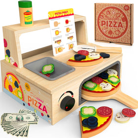 WOODMAM wooden pizza toy with oven and rotating button for pretend cooking