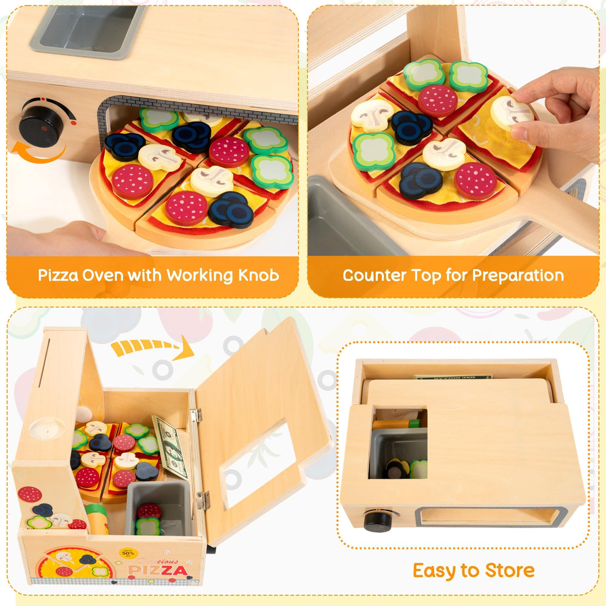 WOODMAM pizza toy play money and menu for role-play transactions