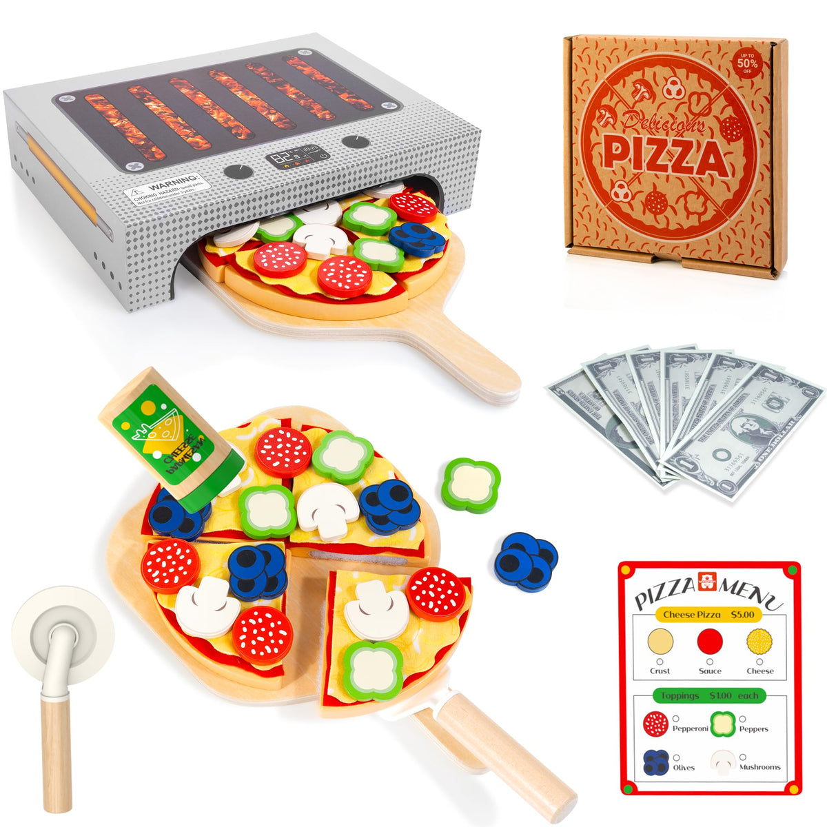 Woodmam pizza toy set with oven box for immersive pretend cooking