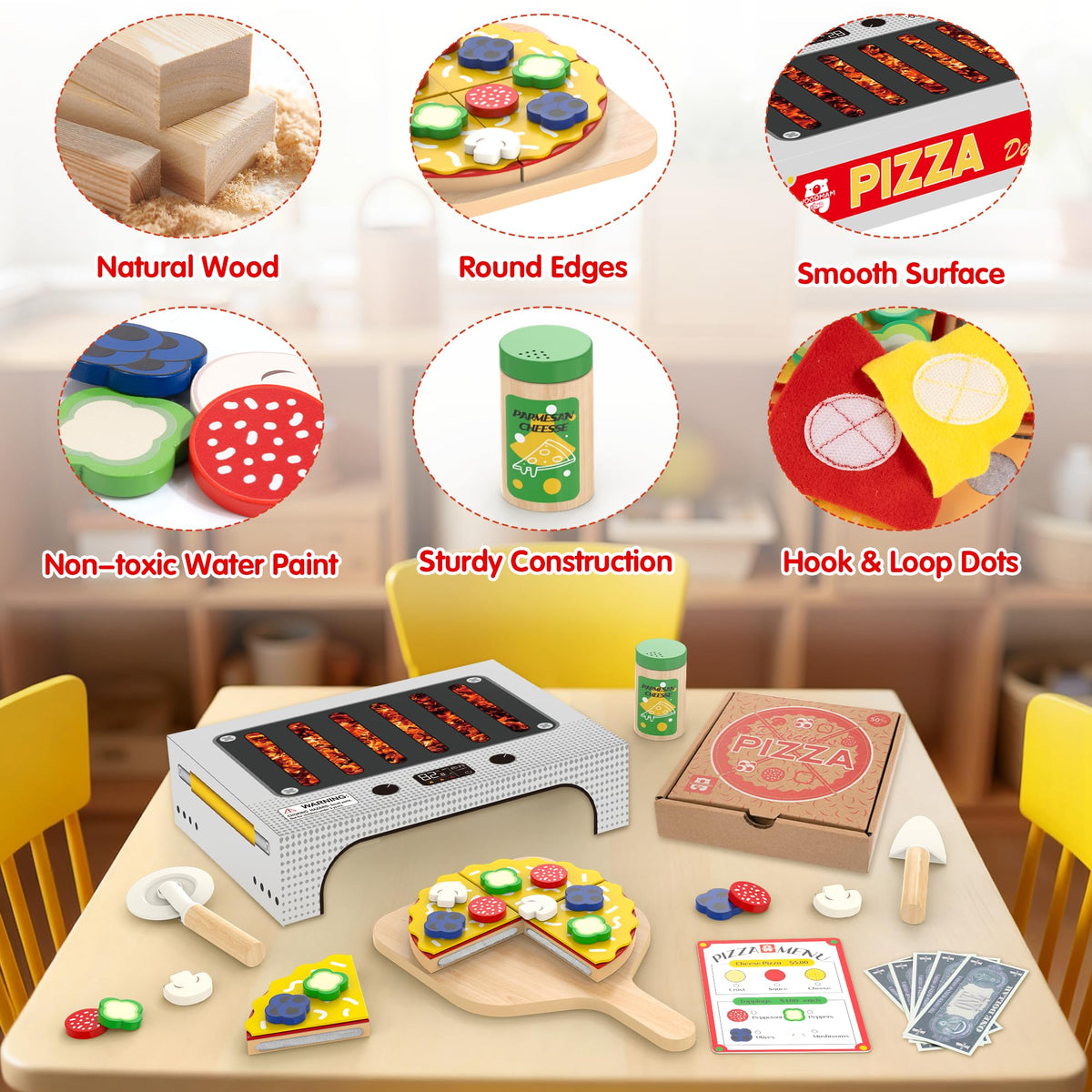Woodmam play money helps kids practice counting and basic transactions during play