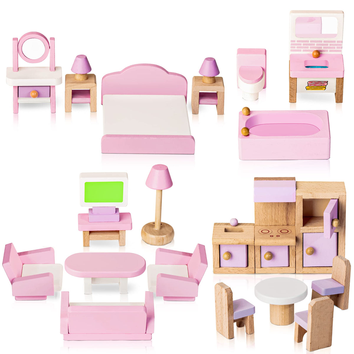 WOODMAM refrigerator dollhouse, durable and realistic for imaginative kitchen play.