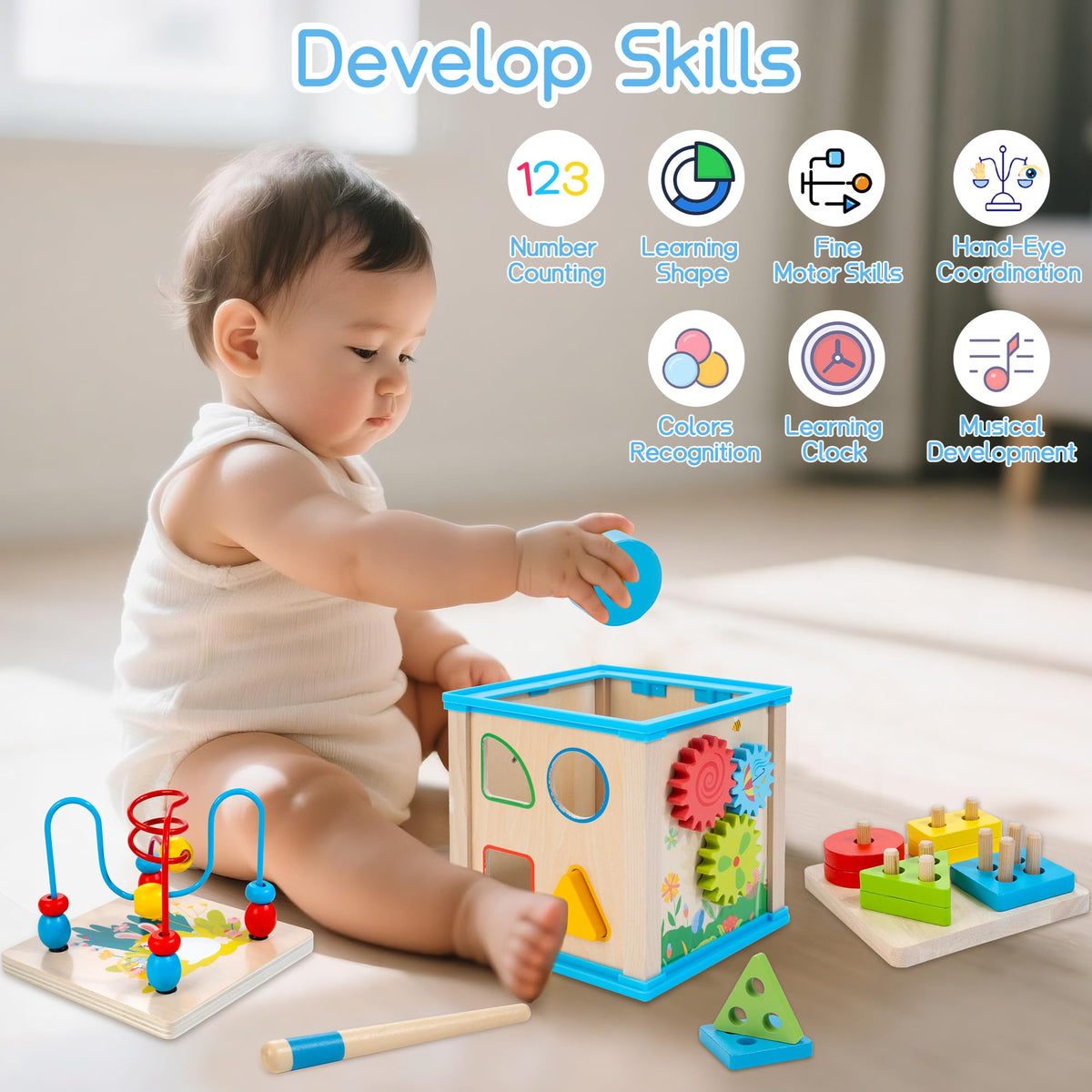 WOODMAM shape sorter blocks support color and shape recognition.