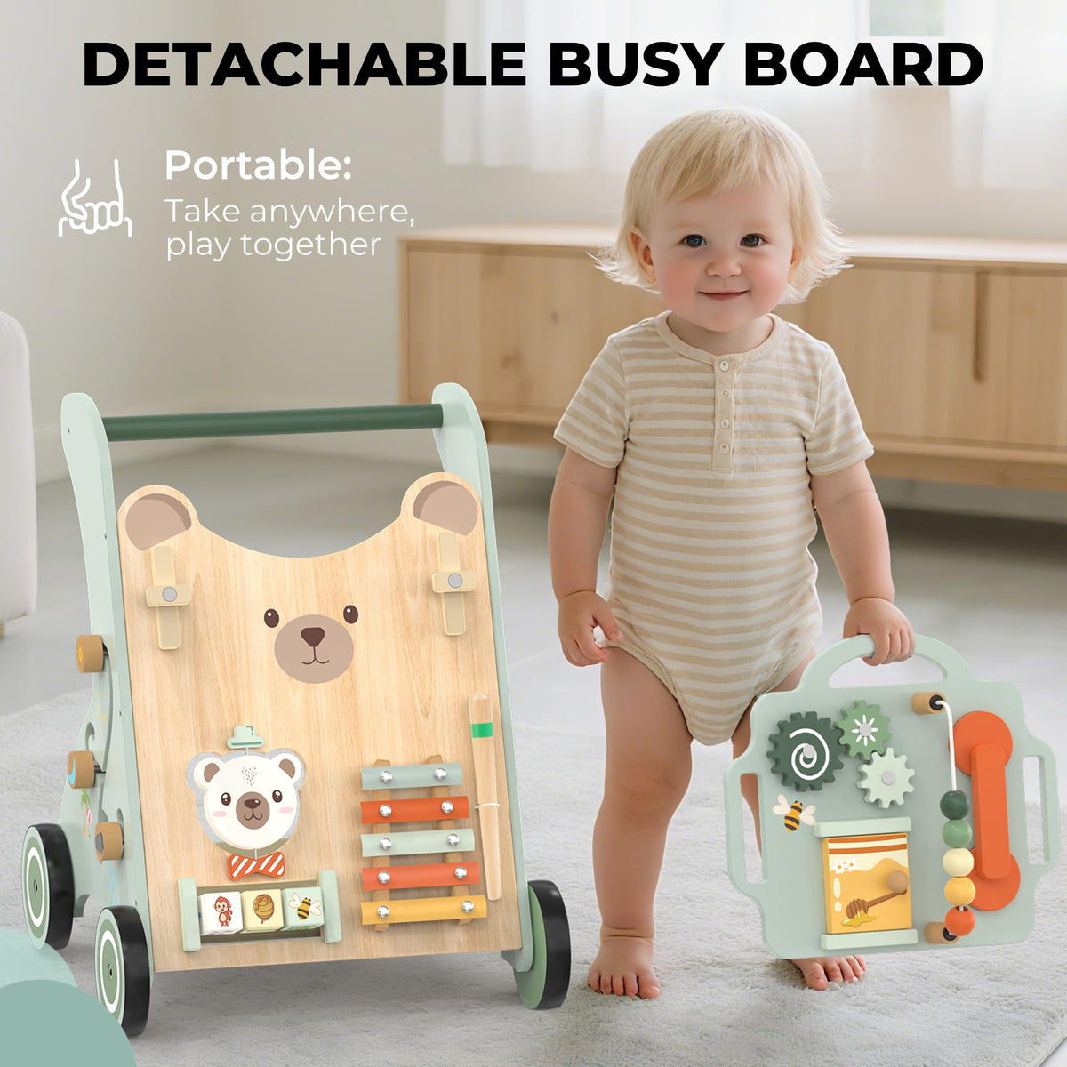 WOODMAM ten-in-one Montessori activity walker boosts hands-on learning and play