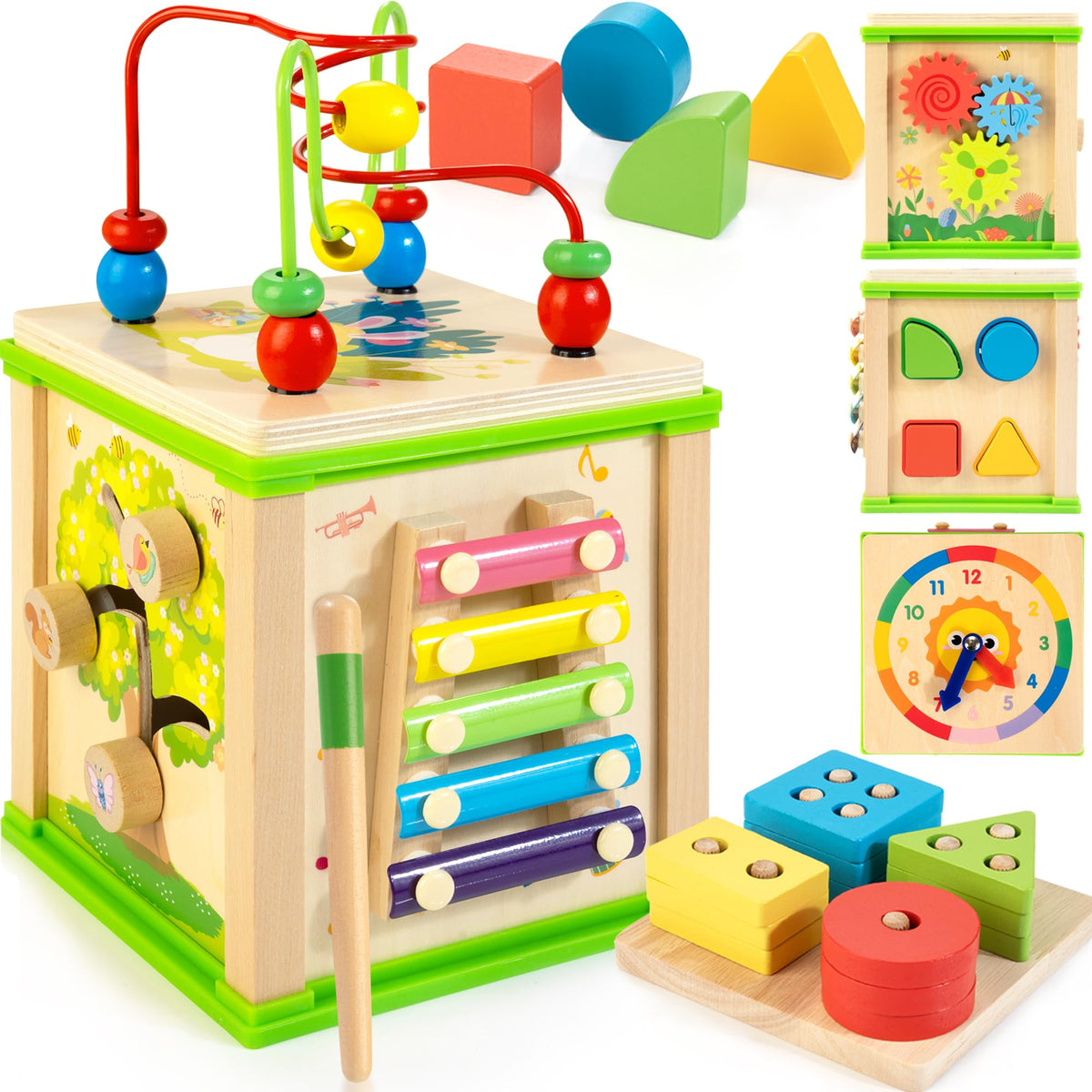 Woodmam wooden 7-in-1 activity cube for screen free early learning and exploration