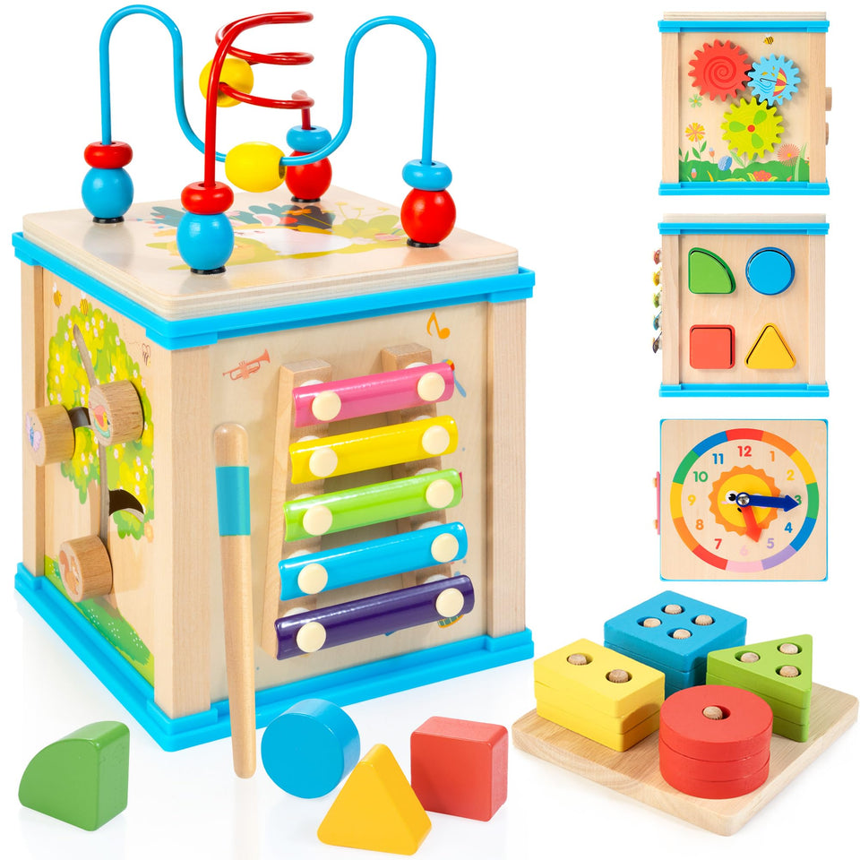 WOODMAM wooden 7-in-1 activity cube front view for tactile, screen-free exploration.