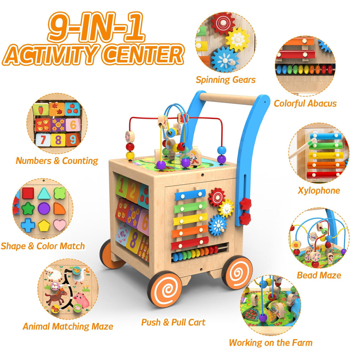 WOODMAM wooden baby walker front view supports first steps with stable wheels.