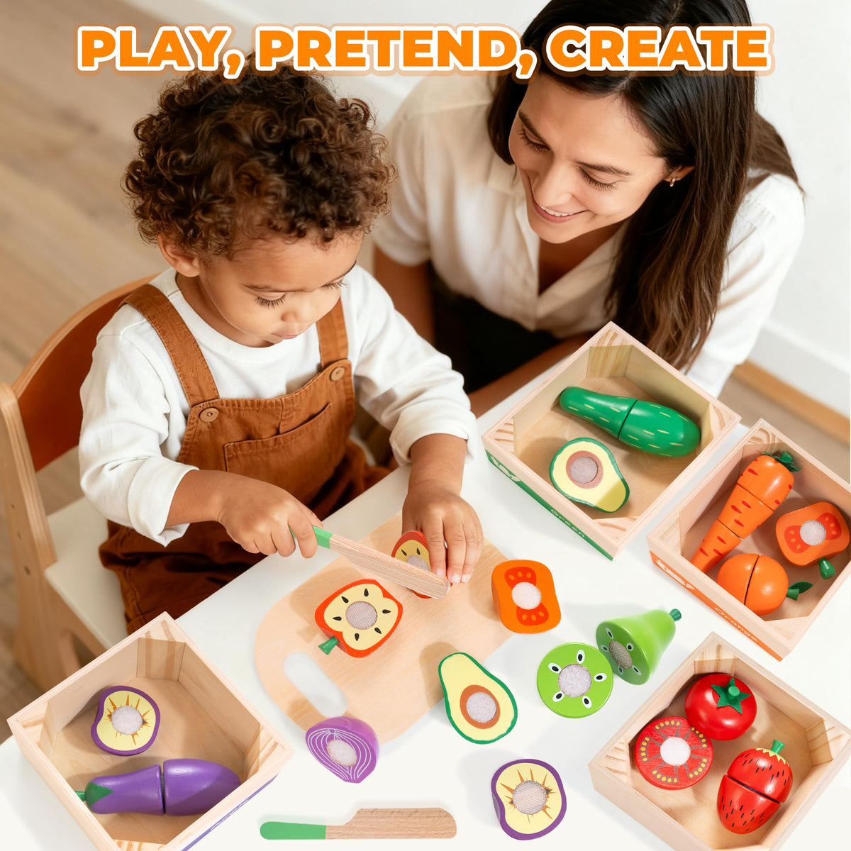 WOODMAM chopping board used for interactive kitchen role play and organization.