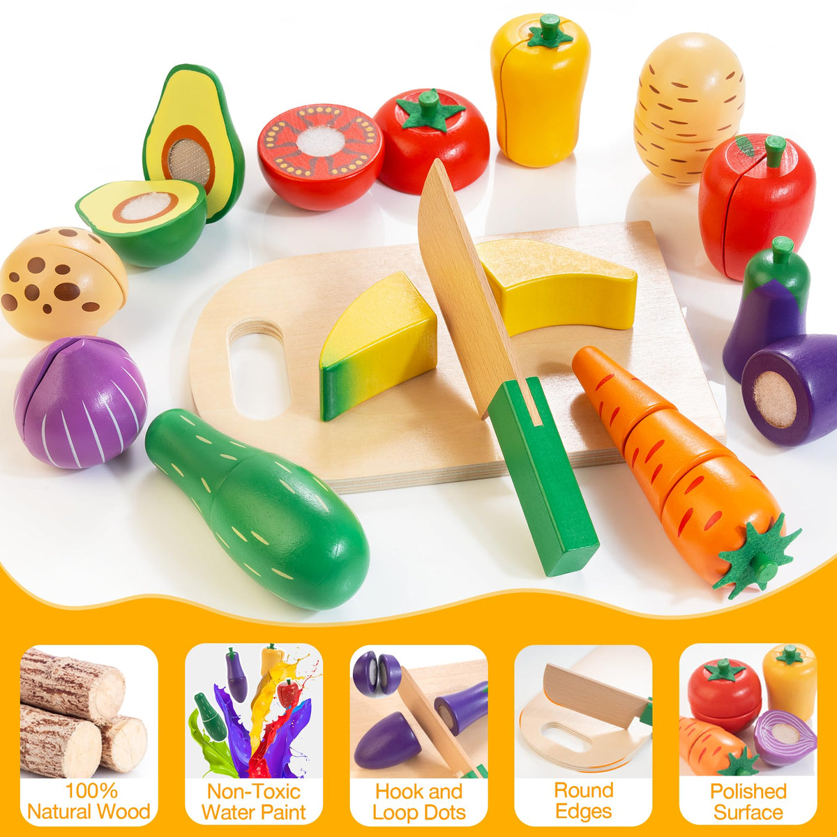 WOODMAM wooden cutting board and knife for safe slice-and-serve playtime
