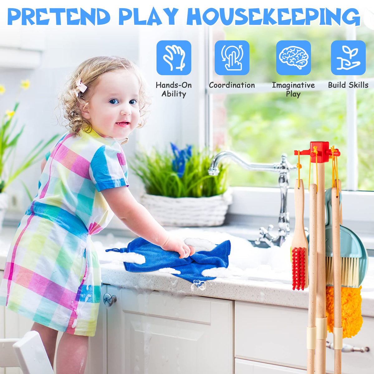 WOODMAM dustpan and brush duo supports organized cleanup and fine motor practice.