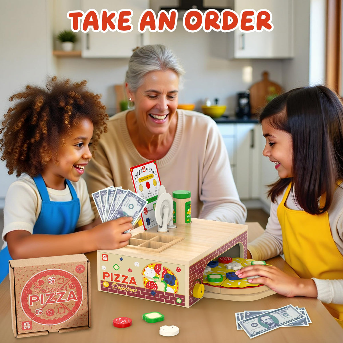 WOODMAM wooden pizza playset child-pretend play, sparks social interaction and storytelling.