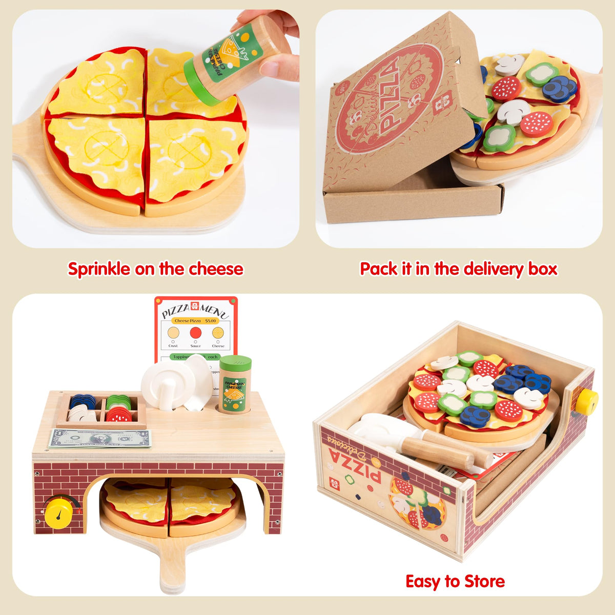 WOODMAM wooden pizza playset kitchen accessories, complete pretend kitchen for creative play.