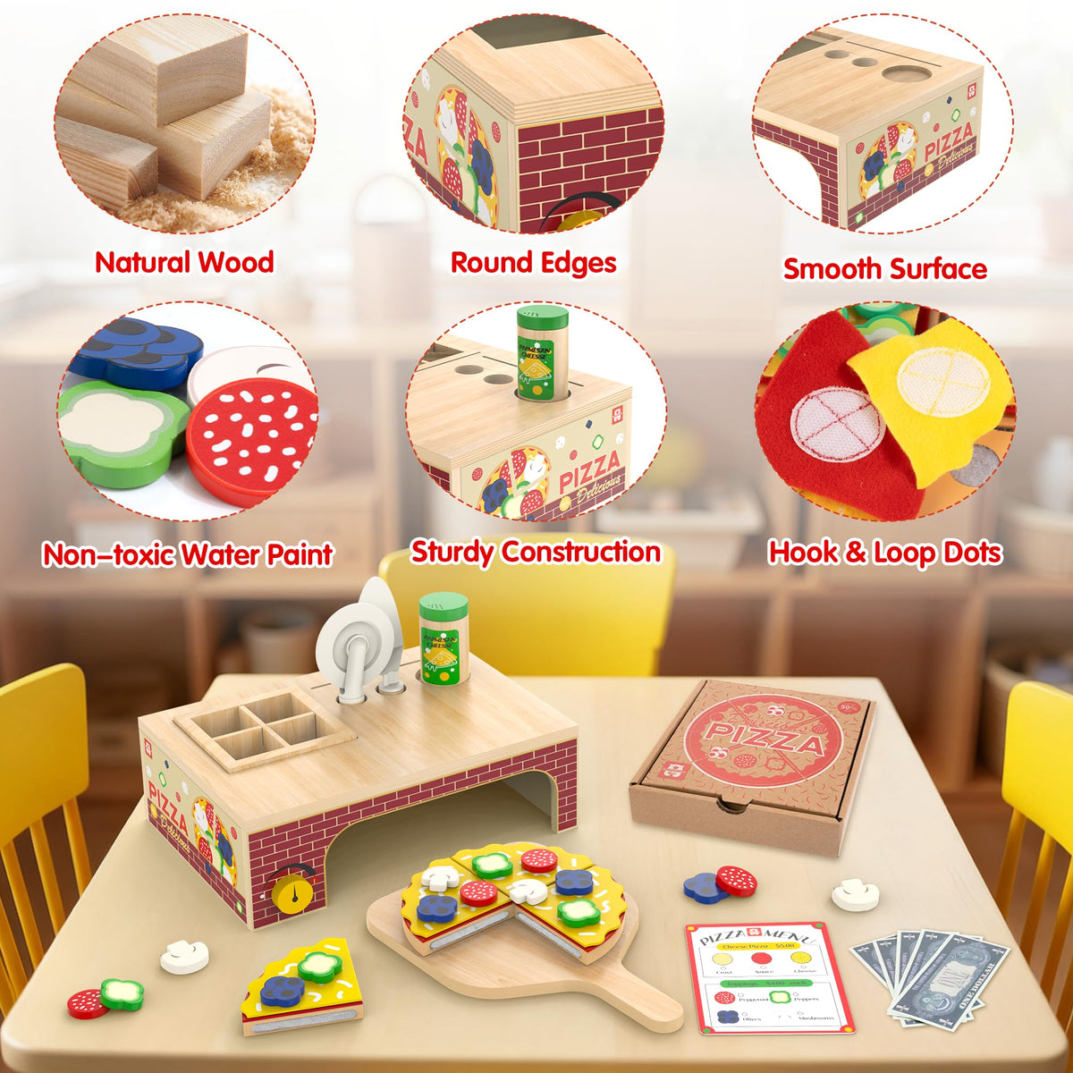 WOODMAM wooden pizza playset menu, teaches pricing and order-taking in a friendly kitchen scenario.