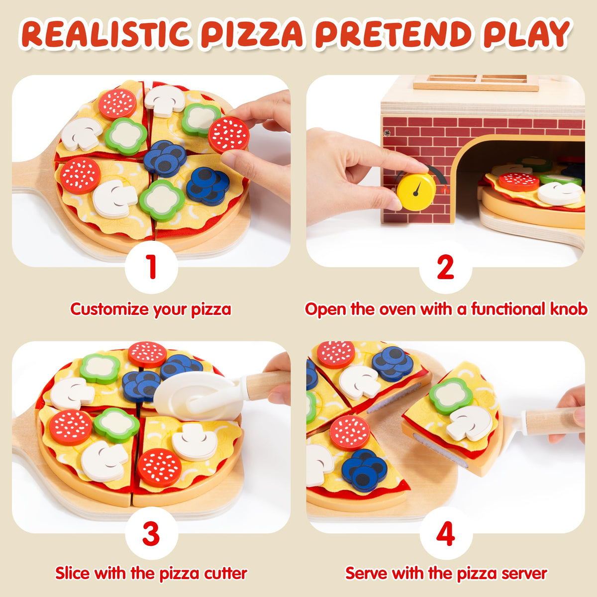 WOODMAM wooden pizza playset money, enhances basic math and transaction role-play.