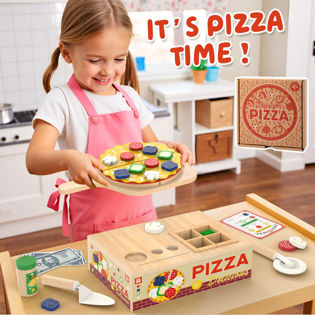 WOODMAM wooden pizza playset montessori-inspired play, supports practical learning through baking play.