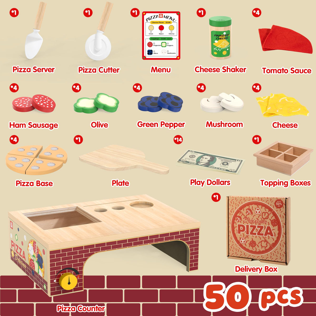 WOODMAM wooden pizza playset rotating button, adds interactive fun to pretend kitchen play.