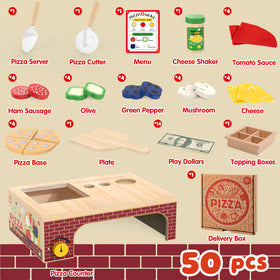 WOODMAM wooden pizza playset rotating button, adds interactive fun to pretend kitchen play.