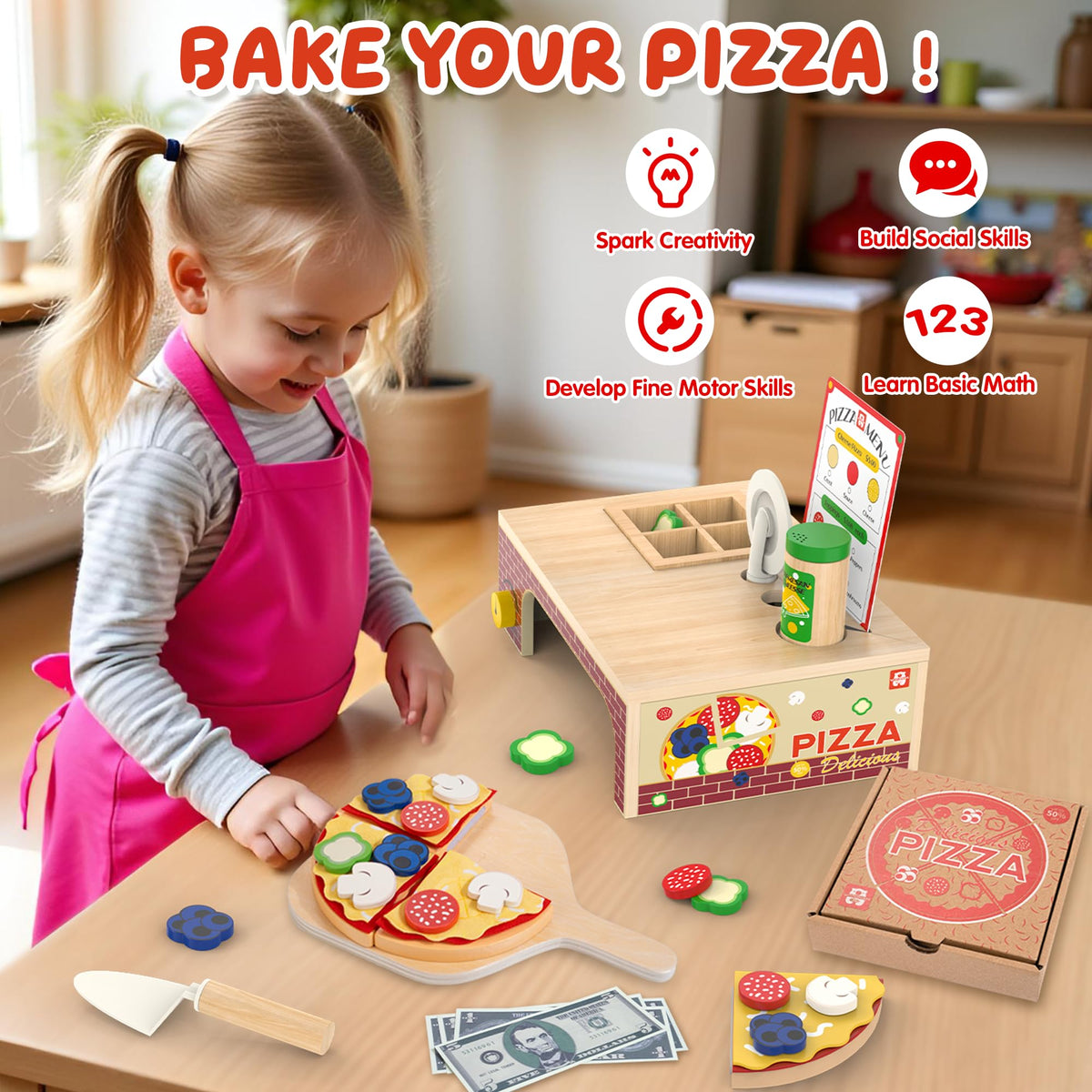 WOODMAM wooden pizza playset slices detachable, promoting fine motor skills during crafting and serving.