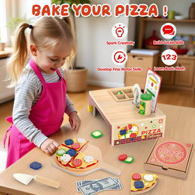 WOODMAM wooden pizza playset slices detachable, promoting fine motor skills during crafting and serving.