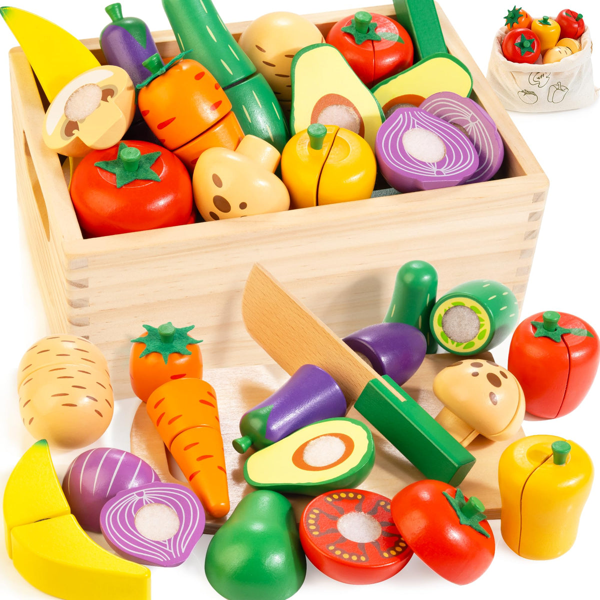 WOODMAM wooden play food set with cutting action for creative pretend play