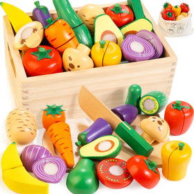 WOODMAM wooden play food set with cutting action for creative pretend play