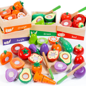 WOODMAM wooden play food set featuring colorful fruits and vegetables for imaginative pretend play.