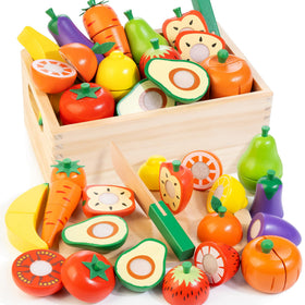 WOODMAM wooden play food with fruits and vegetables for imaginative kitchen play
