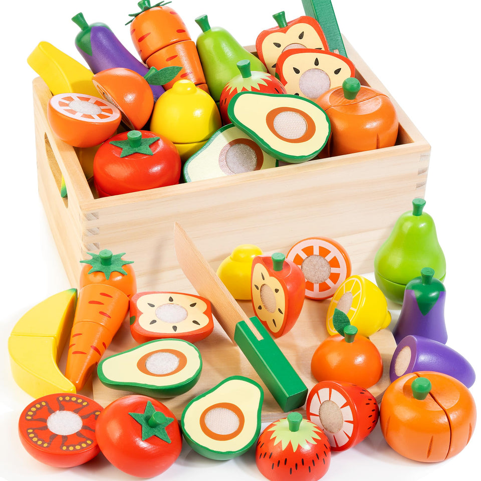 WOODMAM wooden play food with fruits and vegetables for imaginative kitchen play