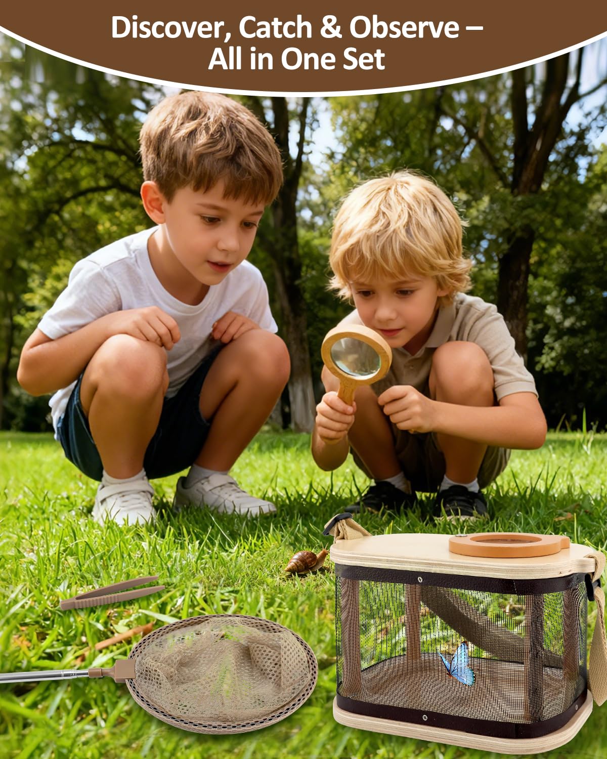 WoodsyJoy Bug Catcher Kit magnifying glass for studying tiny insects.