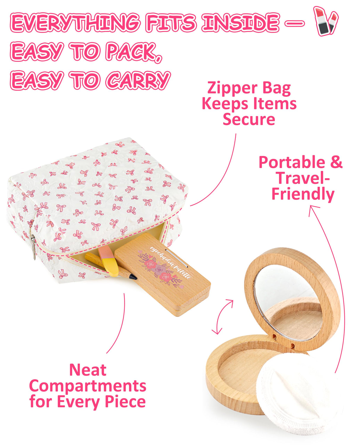 WoodsyJoy pretend makeup kit cosmetic bag keeps pieces organized for on-the-go playdates.