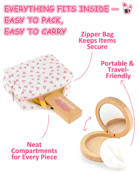 WoodsyJoy pretend makeup kit cosmetic bag keeps pieces organized for on-the-go playdates.