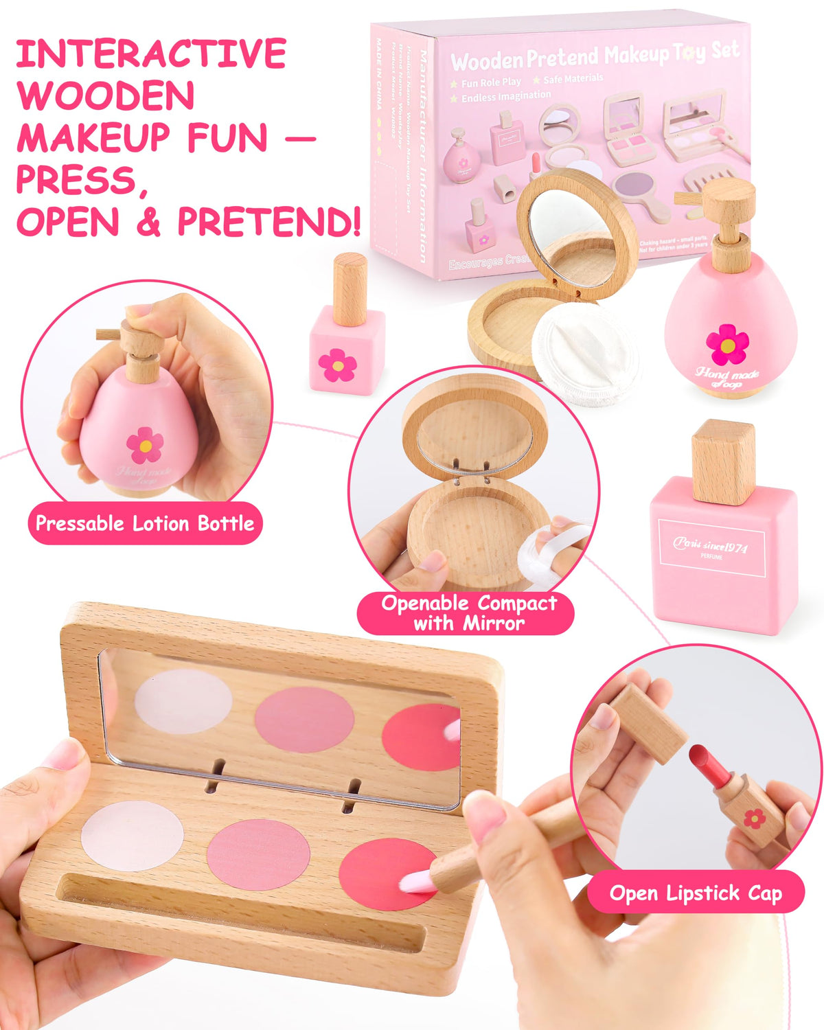 WoodsyJoy pretend makeup kit lipstick delivers vibrant shade in a toy format for mess-free fun.