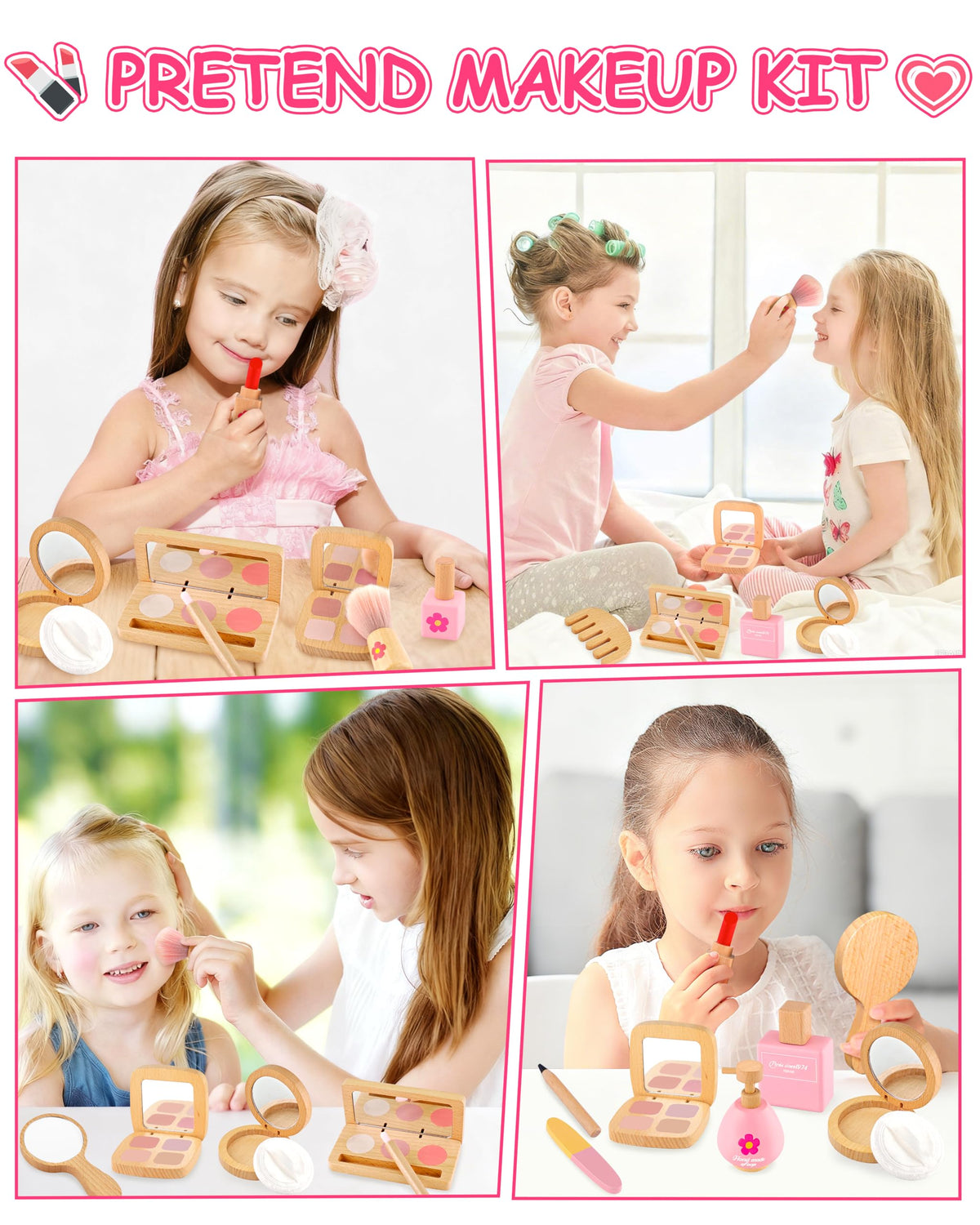 WoodsyJoy pretend makeup kit all-pieces arranged showcases complete wooden set for shared pretend play.