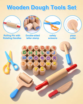 WoodsyJoy dough roller with ergonomic handle for safe toddler use.