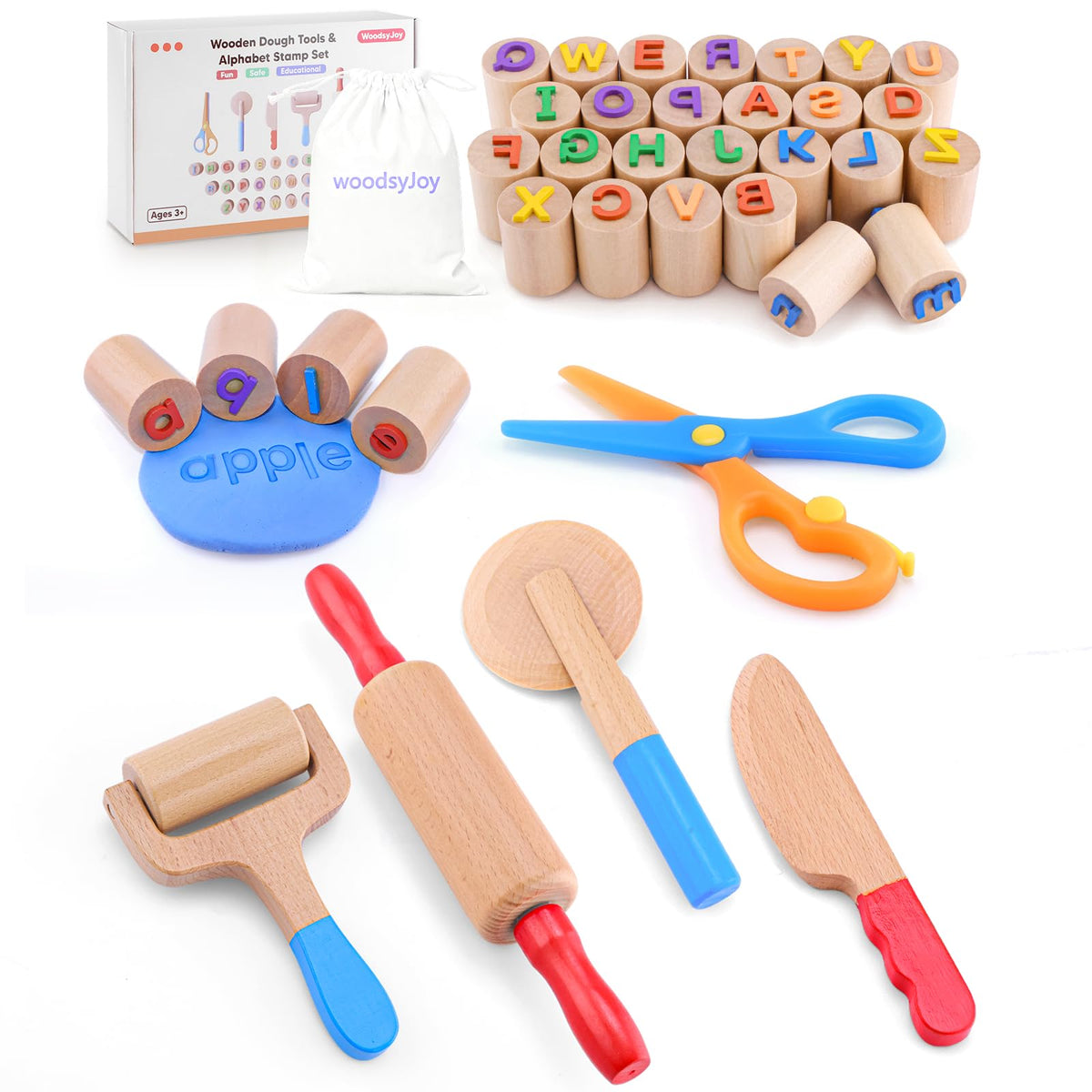 WoodsyJoy rolling pin for kid-friendly dough rolling and play.