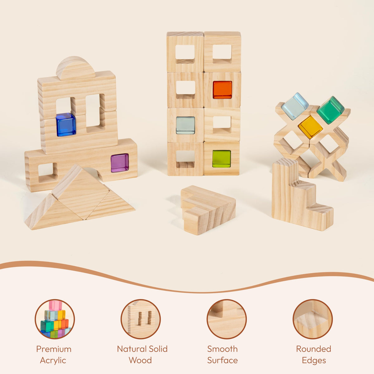 Woodtoe colorful gem blocks refracting light for visual exploration