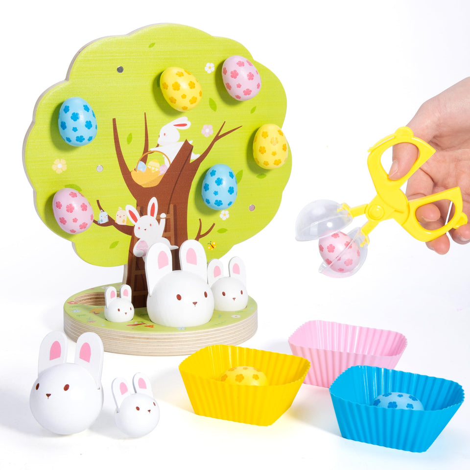 Woodtoe Easter Toys tree with magnetic eggs promotes playful learning.