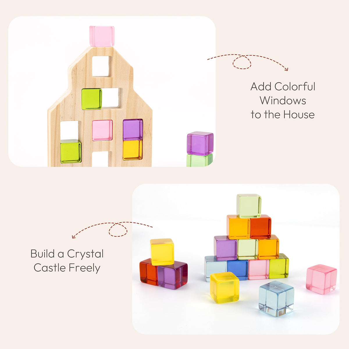 Woodtoe gem blocks stacked into a high rise with colorful windows
